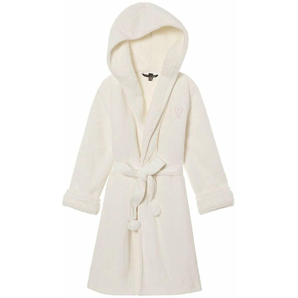 Victorias Secret Hooded Sherpa-Lined Plush Cozy Robe, Ivory, Medium/Large